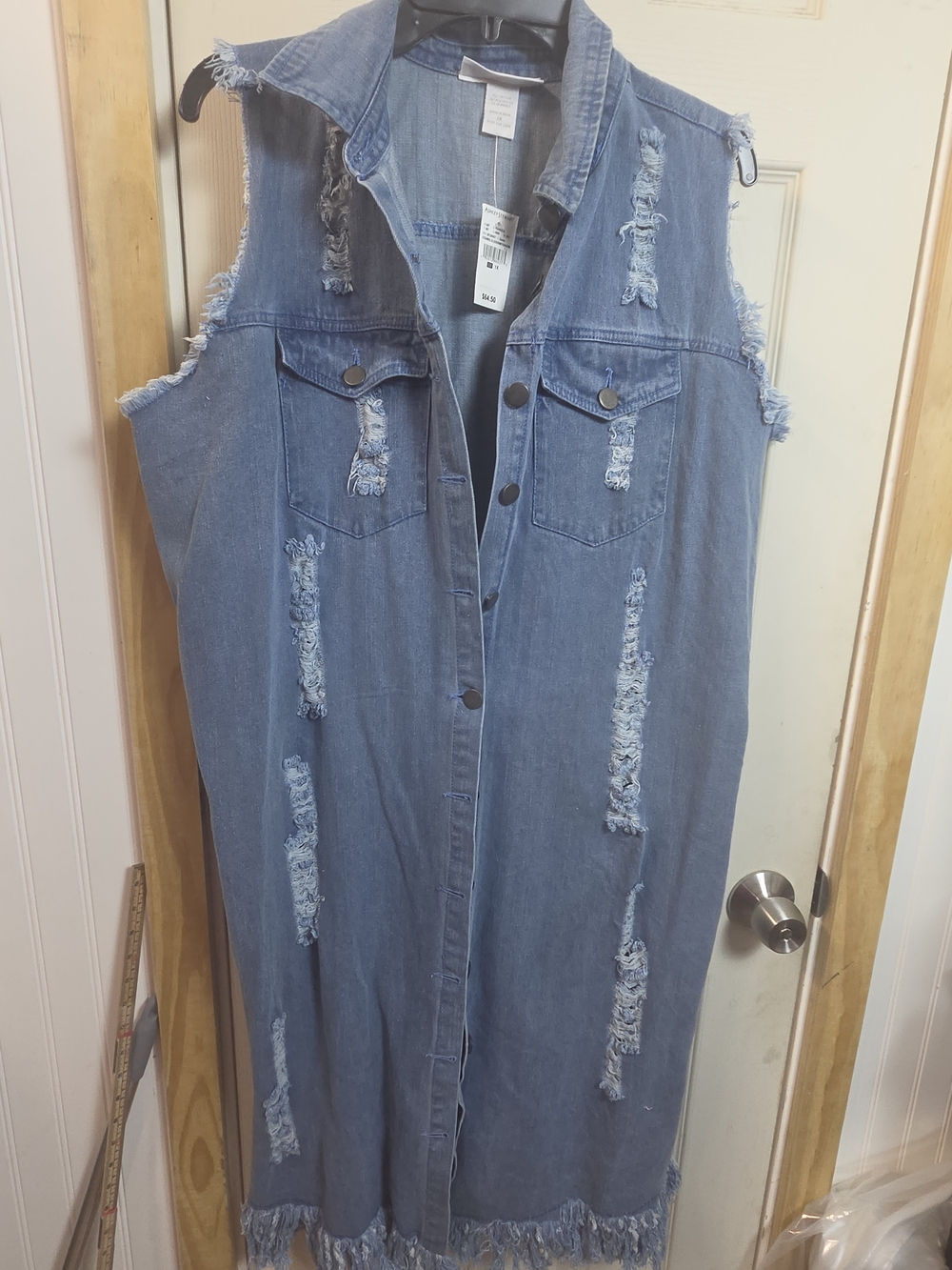 Distressed Sleeveless Fringe Denim Maxi Vest - Blue